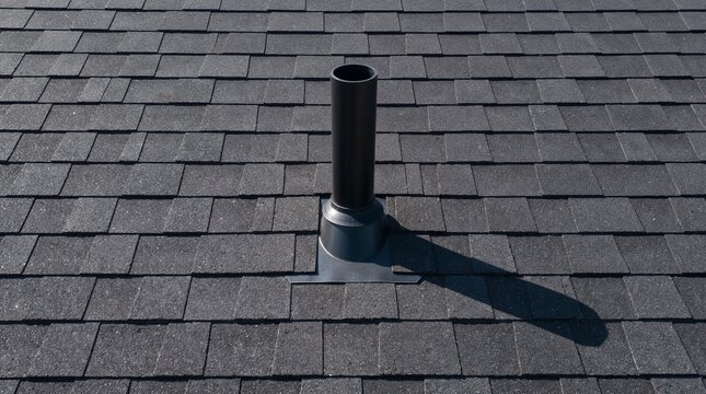 Black roof vent pipe with flashing on dark asphalt shingle roof