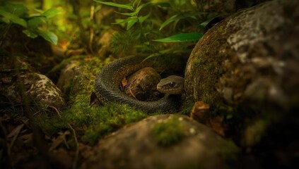 Obraz premium Juvenile Western Rat Snake hiding among mossy stones in forest