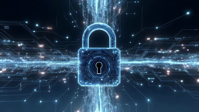 A glowing digital lock amid illuminated circuitry in a tech style on dark background, representing strong cybersecurity
