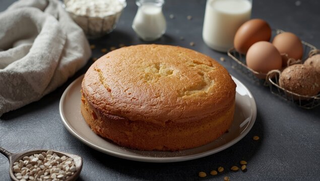 Round cake on a plate with baking ingredients and eggs