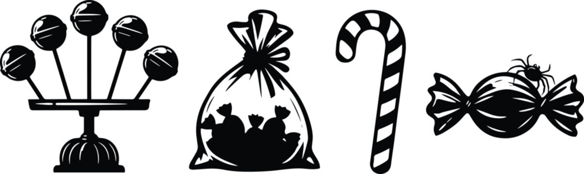 Candy and Sweet Treat Silhouette Collection with Lollipop Candy Cane and Wrapped Candy