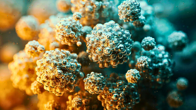 Microscopic 3D Illustration of Viral Pathogens or Bacterial Cells Under Dramatic Blue and Orange Lighting