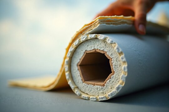 Close-up rolled insulating material with foam and cardboard core for thermal and soundproofing construction applications and energy efficiency