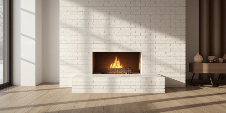 Stylish clean brick hearth with a single log burning to warm space