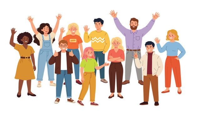 Diverse group of happy people standing and waving hands flat vector set. Multiethnic community, friends, teamwork, thumbs up and casual lifestyle clothing.