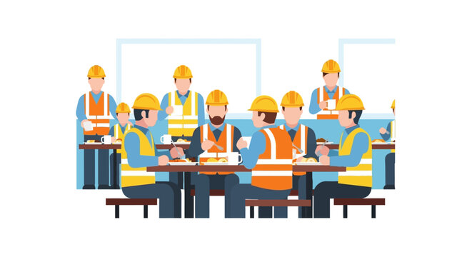 Construction workers eating lunch break, teamwork, safety, construction site