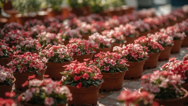 Small brown garden pots abundant with bright balsamine blossoms arranged neatly on floor