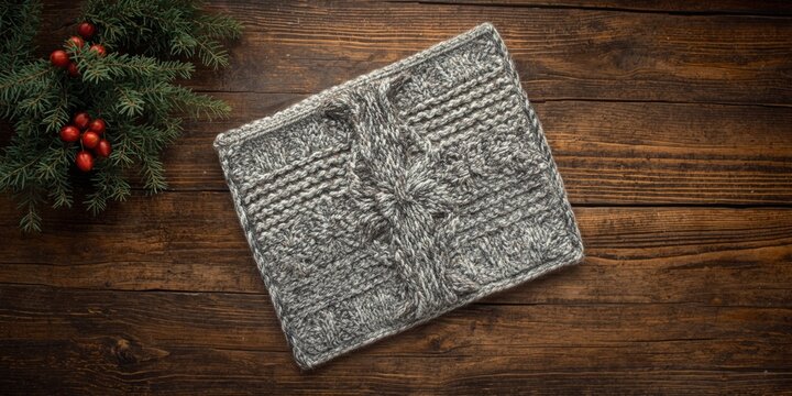 Gray knitted blanket on a wooden table with greenery