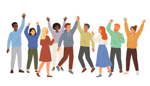 Happy diverse friends celebrating and giving high five flat vector set. Teamwork, success, community, youth, raised hands and casual winter hoodies.