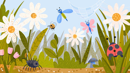 Floral scene with illustrated insects including a ladybug dragonfly and bees among white daisies bee bumblebee bumblebees © Apurba