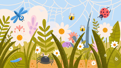 A vibrant vector illustration depicting a community of insects amongst foliage and wildflowers beetle bug caterpillar damselfly © Apurba