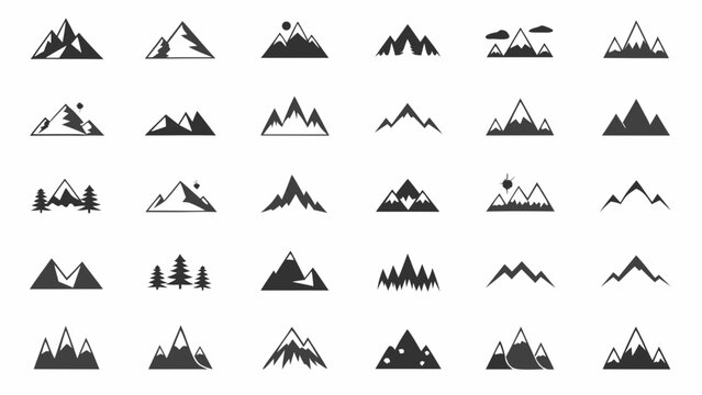 Collection Of Black Mountain Silhouettes And Pine Tree Icons On A White Background alpine ascent backdrop cliff