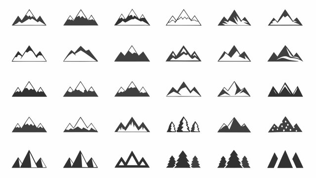 Collection Of Minimalist Mountain Silhouettes And Pine Tree Graphics Black On White Background abstract alpine altitude ascent