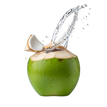 Bird perched on a green coconut with water droplets