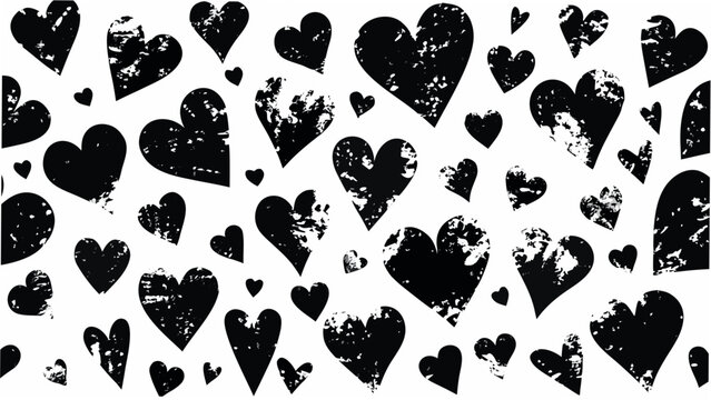 Chaotic assortment of black heart shapes creates a distressed vector pattern on a white background abstract affection
