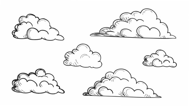 Seven cloud formations drawn in black ink a vector illustration on a white background cloudscape cumulus nimbus