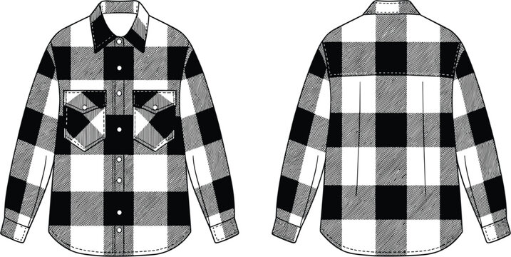 Plaid Flannel Shirt Front and Back Views, Checkered Apparel Vector Illustration for Fashion Design Collection