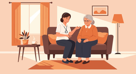 Fototapeta premium Elderly woman and caregiver sitting on sofa, talking, assisted living