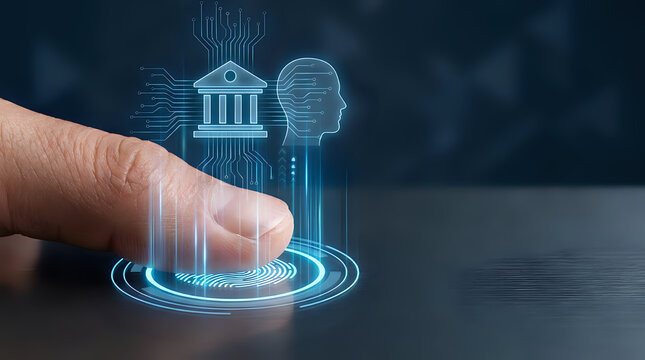 Finger touching digital biometric interface with icons for finance banking and personal identity verification