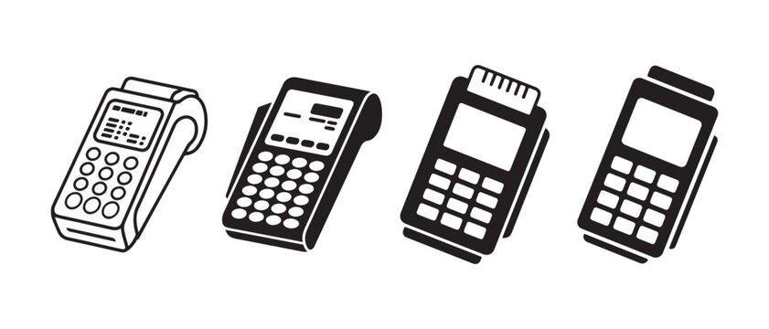 Set of payment terminal icons representing electronic credit card processing in a flat vector style.