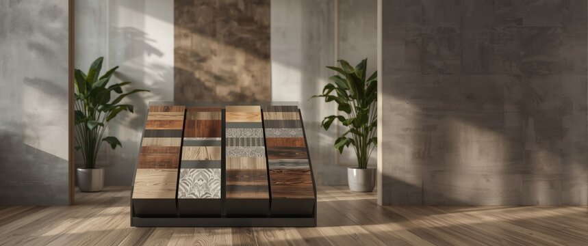 Vinyl flooring samples exhibited by retailer inside flooring shop with space for text