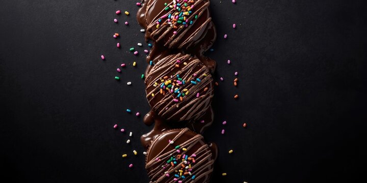 Chocolate cookies with colorful sprinkles on a dark background