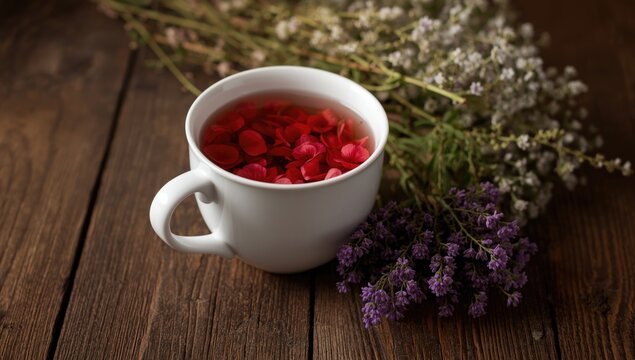 White cup filled with fresh red clover tea and wildflower arrangement on rustic wooden backdrop