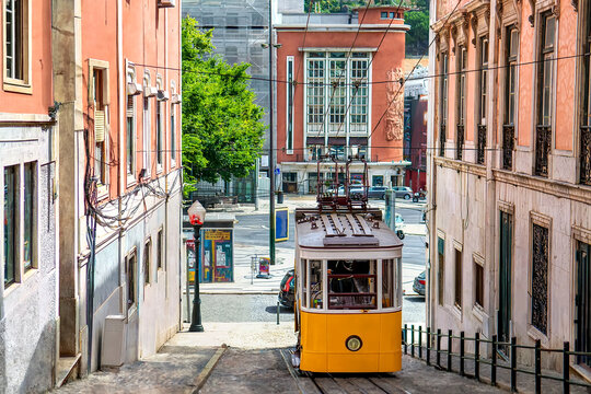 Lisbon funicular tram track, selective focus
