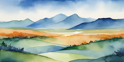 Watercolor Mountain Valley Landscape Painting Background © sabia