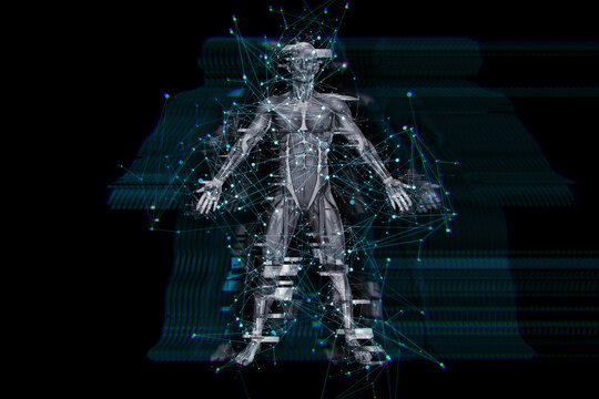 3D digital technology background with glitch effect on male medical figure