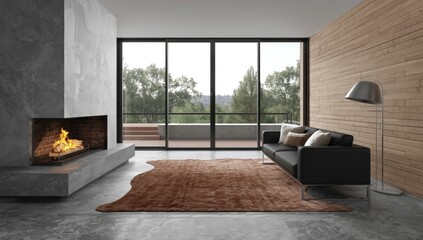 Obraz premium Vertical image of contemporary modern living room with fireplace near leather sofa on concrete floor, skin carpet and glass wall background