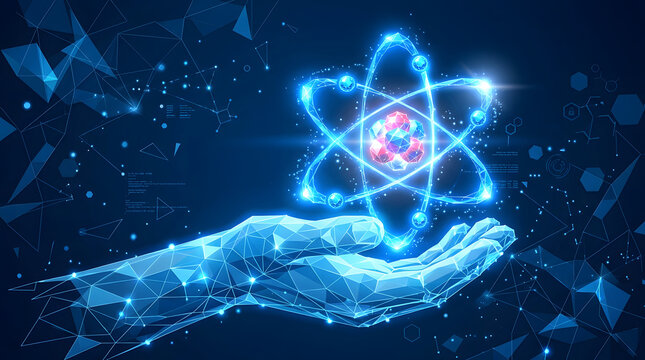 Scientist hands holding glowing atom hologram digital research