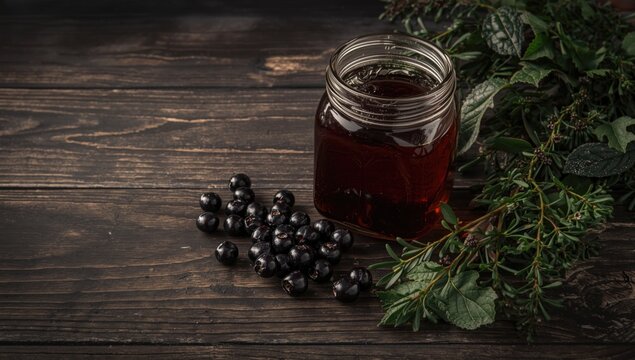 Home remedy setup showing elderberry syrup and foliage on wood grain surface