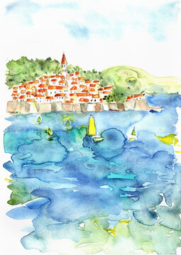 Korcula Coastal Town with Yellow Sailboats on Adriatic Sea, Hand Painted Watercolor