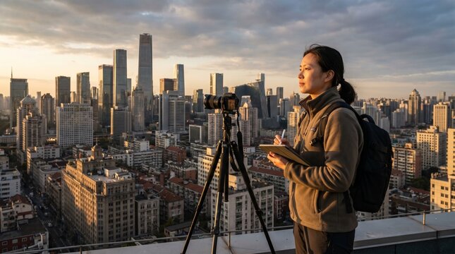 Woman photographer with camera and tablet on rooftop overlooking city skyline at sunset