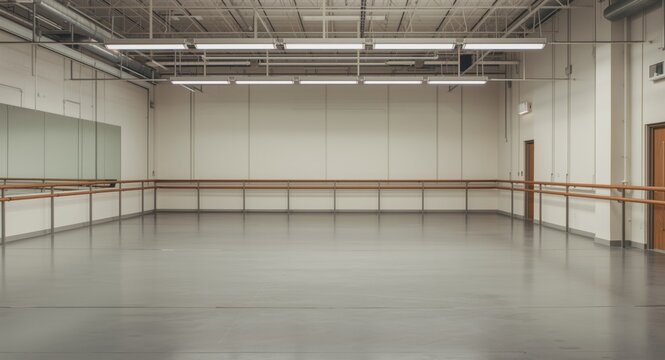 Spacious ballet studio with open floor and copy space