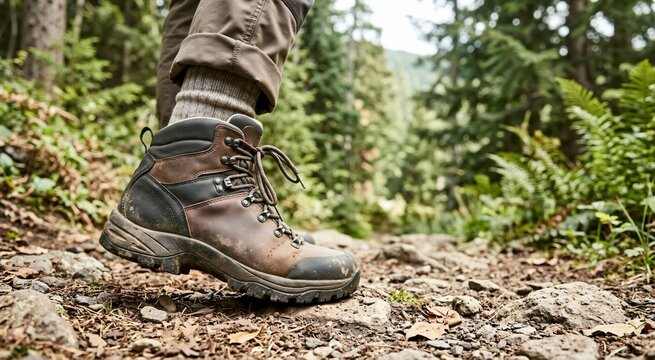 Close up of a brown leather hiking boot stepping on a rocky dirt trail. Person walking in a green forest. Outdoor adventure and trekking concept