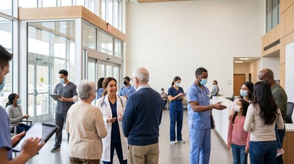Obraz premium Diverse group of people interacting with medical professionals in a modern hospital lobby
