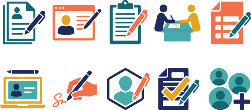 Professional collection of flat vector icons depicting business registration processes recruitment tasks document signing procedures and human resources management themes rendered in vibrant orange te