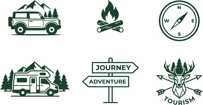 Set of six vintage style adventure and camping vector icons featuring flat dark green silhouettes of offroad vehicles campfires compasses direction signs and stylized deer heads for outdoor travel 