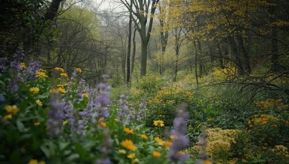 Obraz premium Colorful wildflowers blooming in a forest clearing during spring