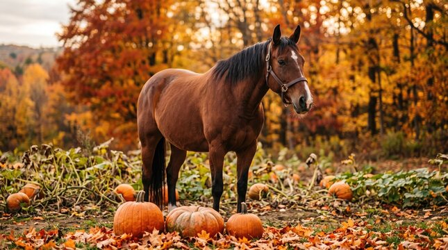 Halloween horse in a pumpkin patch on a fall day