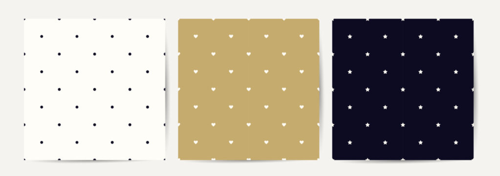 Collection of seamless decorative minimalistic geometric patterns. Repeatable elegant simple backgrounds. Endless prints with dot, hearts and stars symbols