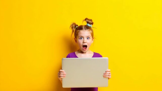 A young girl holding a laptop with a surprised look on her face.