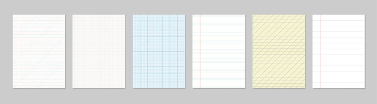 Paper notebook sheets set. Realistic lined, squared graph outline covers, templates, backgrounds. Striped geometric empty blanks prints in different styles