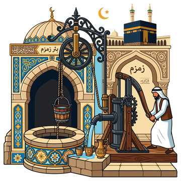 Zamzam Well and Kaaba Islamic Illustration