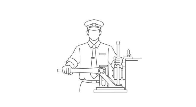 Railway worker operating lever, vintage line drawing illustration