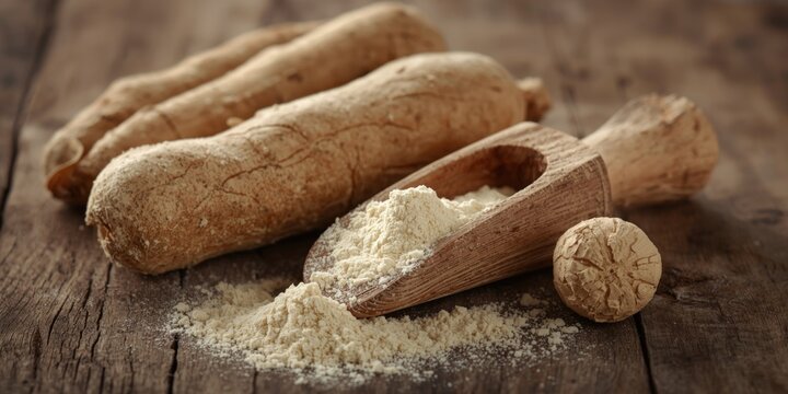 Organic cassava roots with a wooden scoop filled with powdery tapioca starch on natural wood