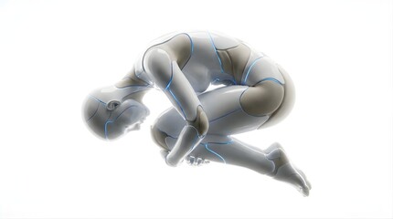 Fototapeta premium White humanoid AI robot curled in vulnerable fetal position
