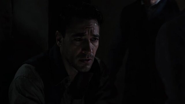 A man with a somber expression in a dimly lit setting.